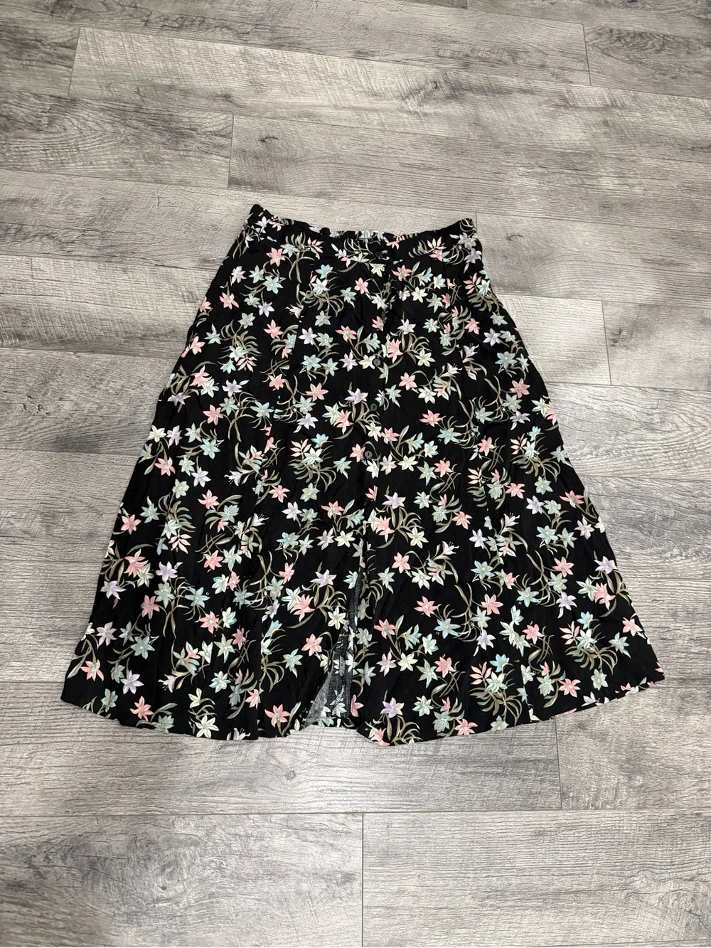 Radcliffe Black floral print midi skirt with front slit